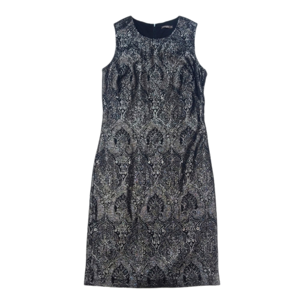 J. McLaughlin Black / Gold Metallic Jacquard Patern Sleeveless Cocktail Dress